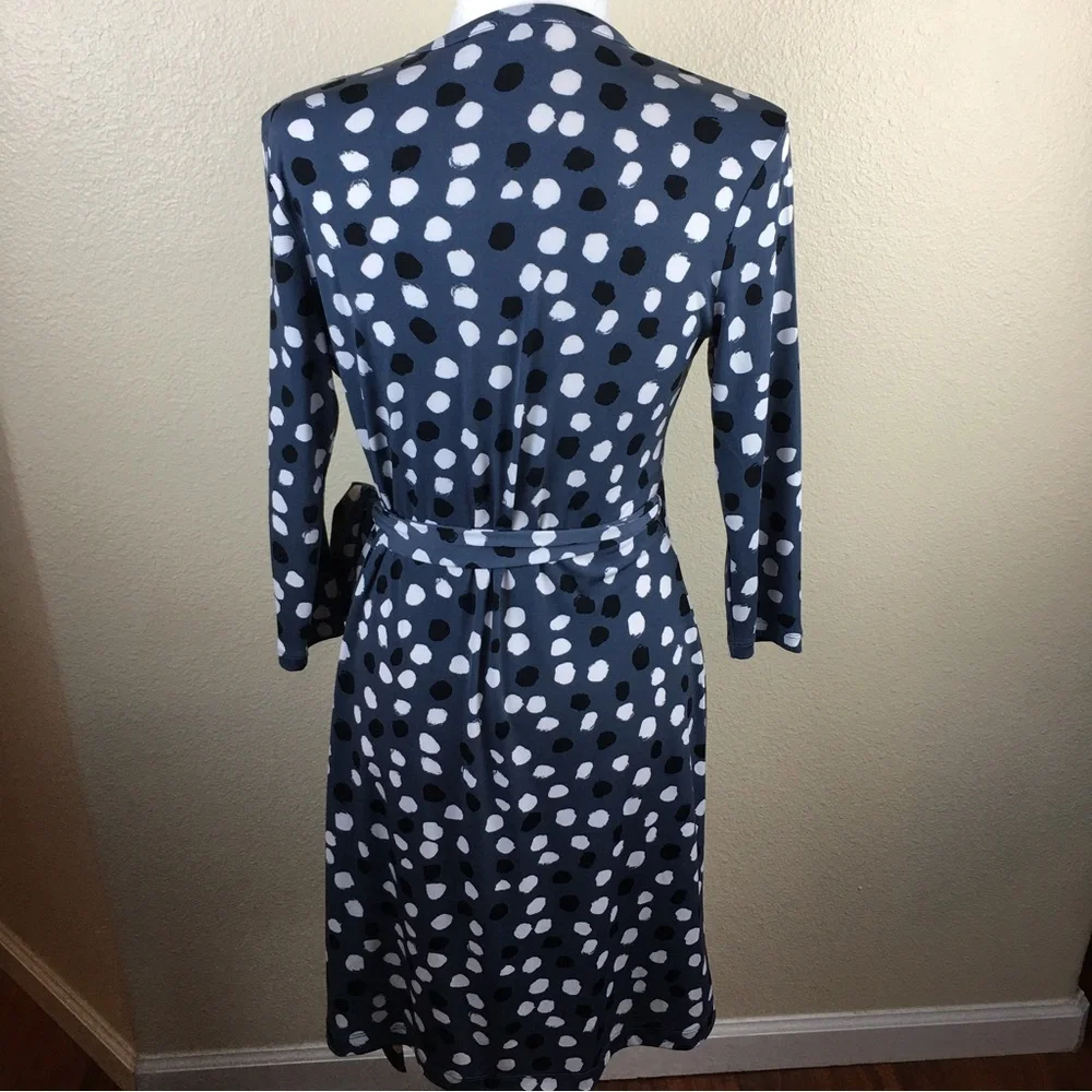 Banana Republic Wrap Dress Gray Black White Polka Dot Stretch 3/4 Sleeve Size S - Picture 5 of 13